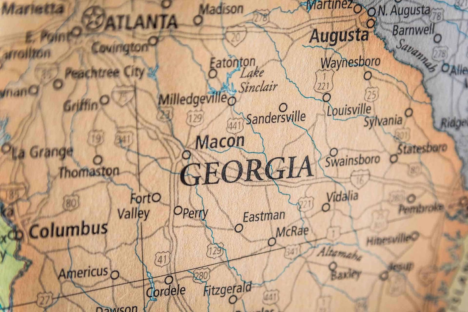 Closeup Selective Focus Of Georgia State On A Geographical And Political State Map Of The USA 