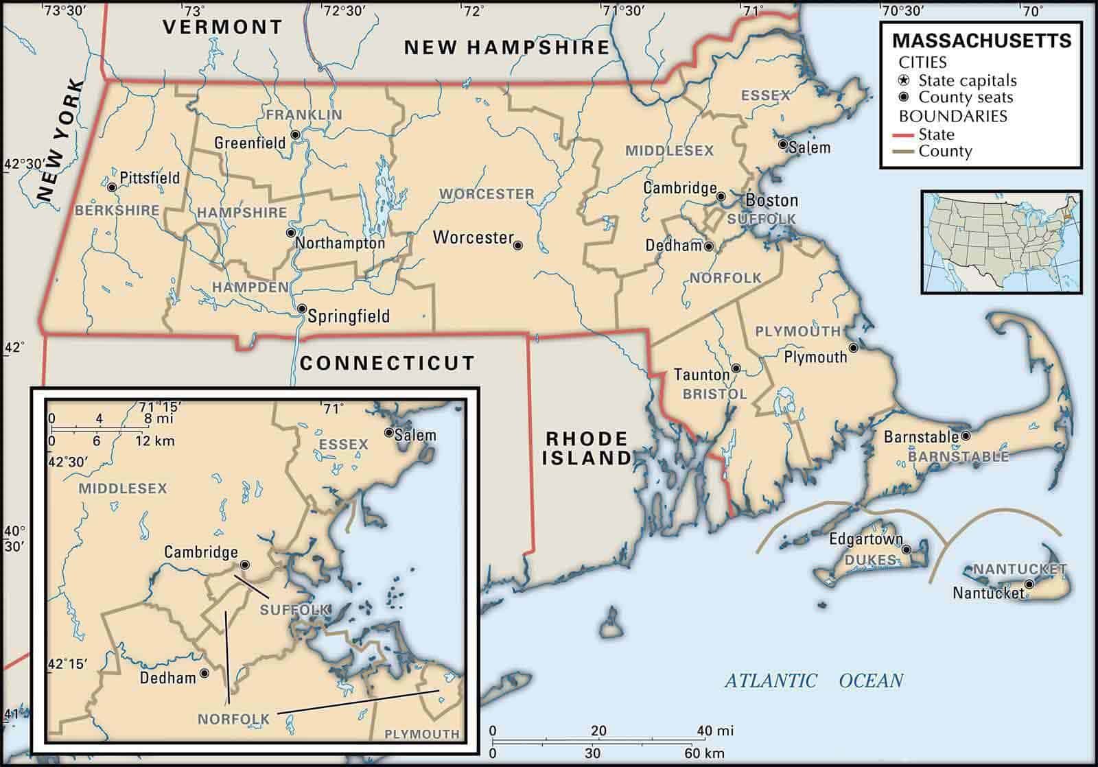 Massachusetts County Map Of Boundaries And County Seats 